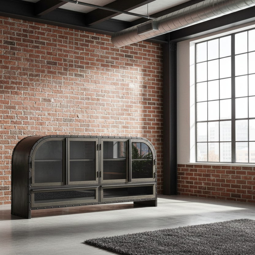 62" Brown Metal and Wood Industrial Sideboard