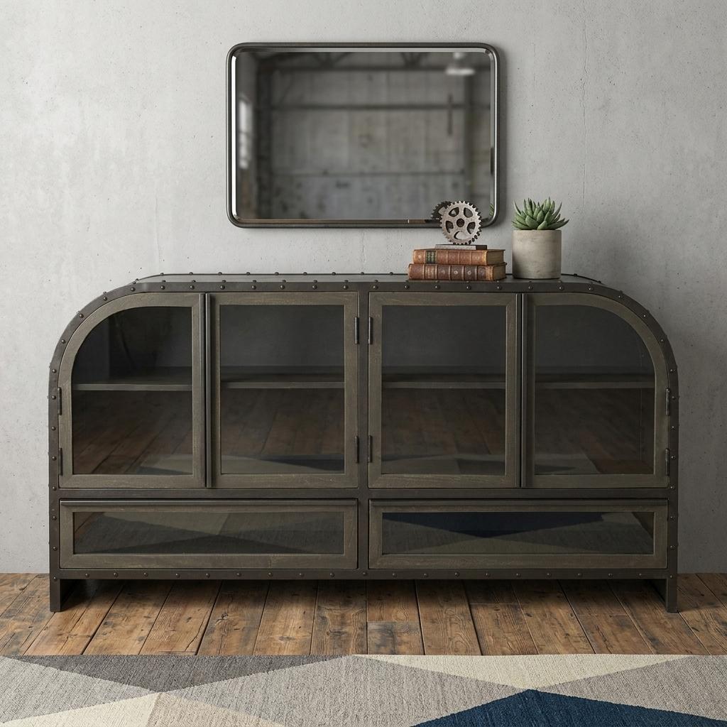 62" Brown Metal and Wood Industrial Sideboard