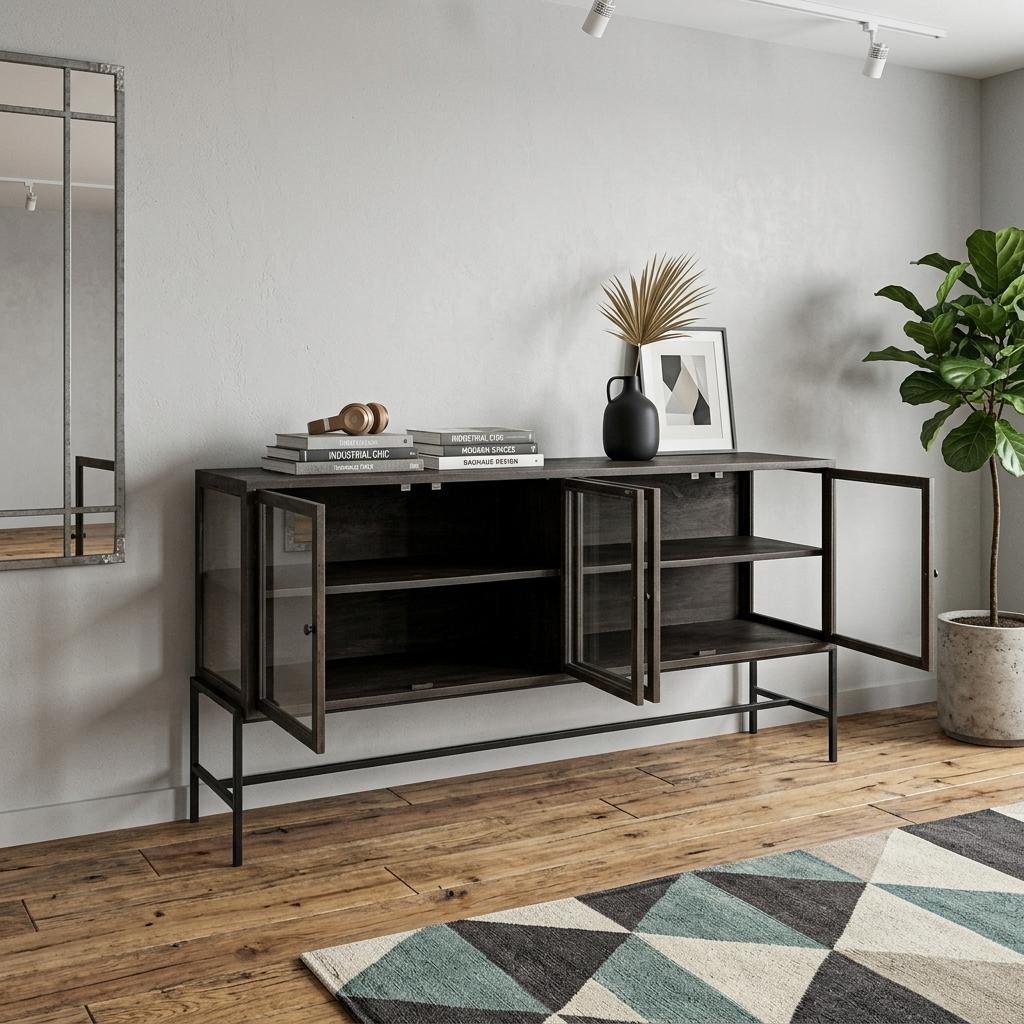 70" Wood 4 Door Shadowbox Sideboard