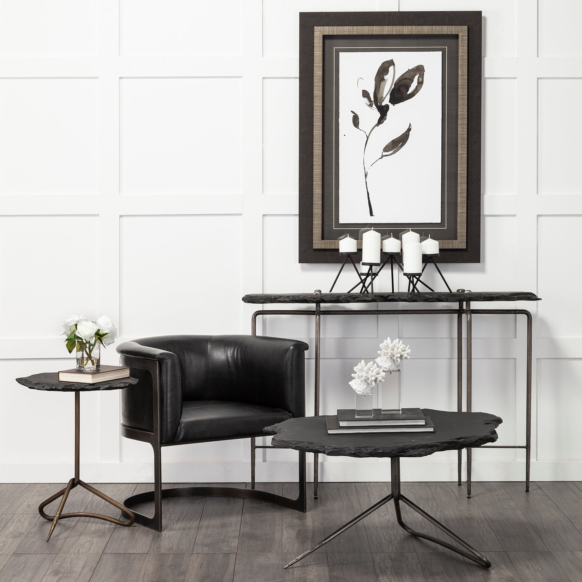 49" Black Slate and Metal Console Table