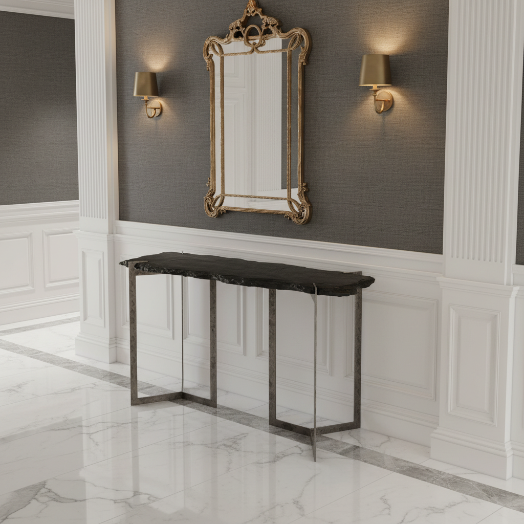 50" Black Slate and Iron Live Edge Pedestal Console Table