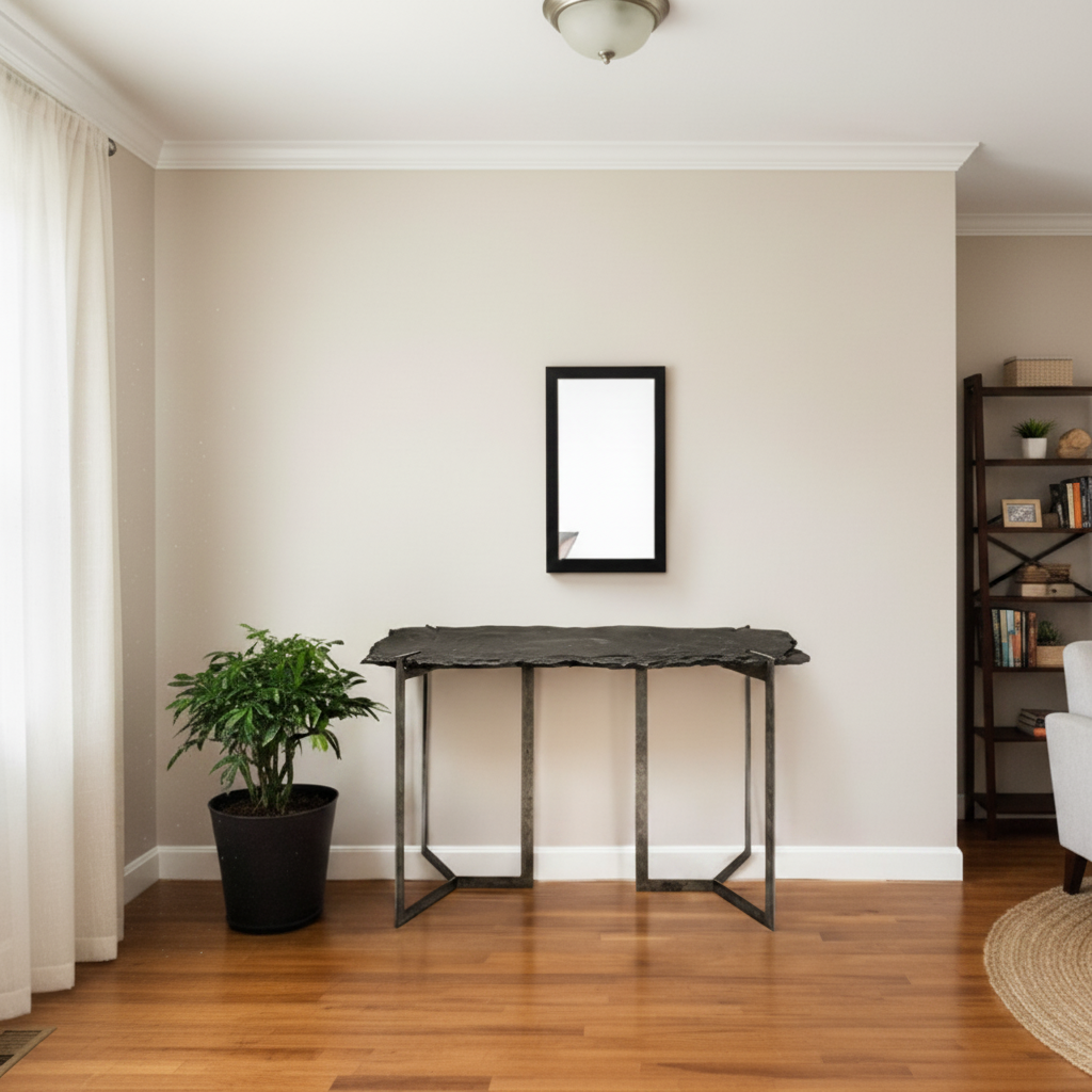 50" Black Slate and Iron Live Edge Pedestal Console Table