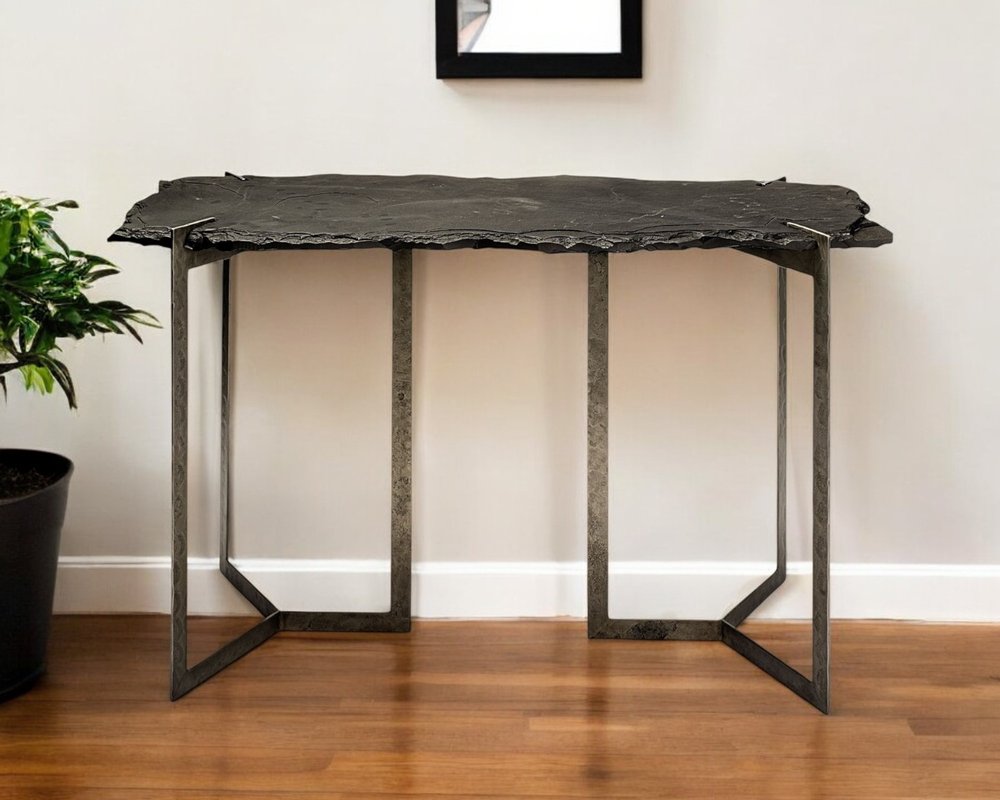 50" Black Slate and Iron Live Edge Pedestal Console Table