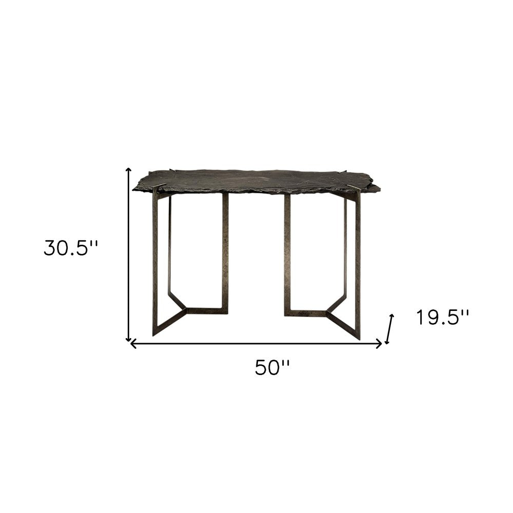 50" Black Slate and Iron Live Edge Pedestal Console Table