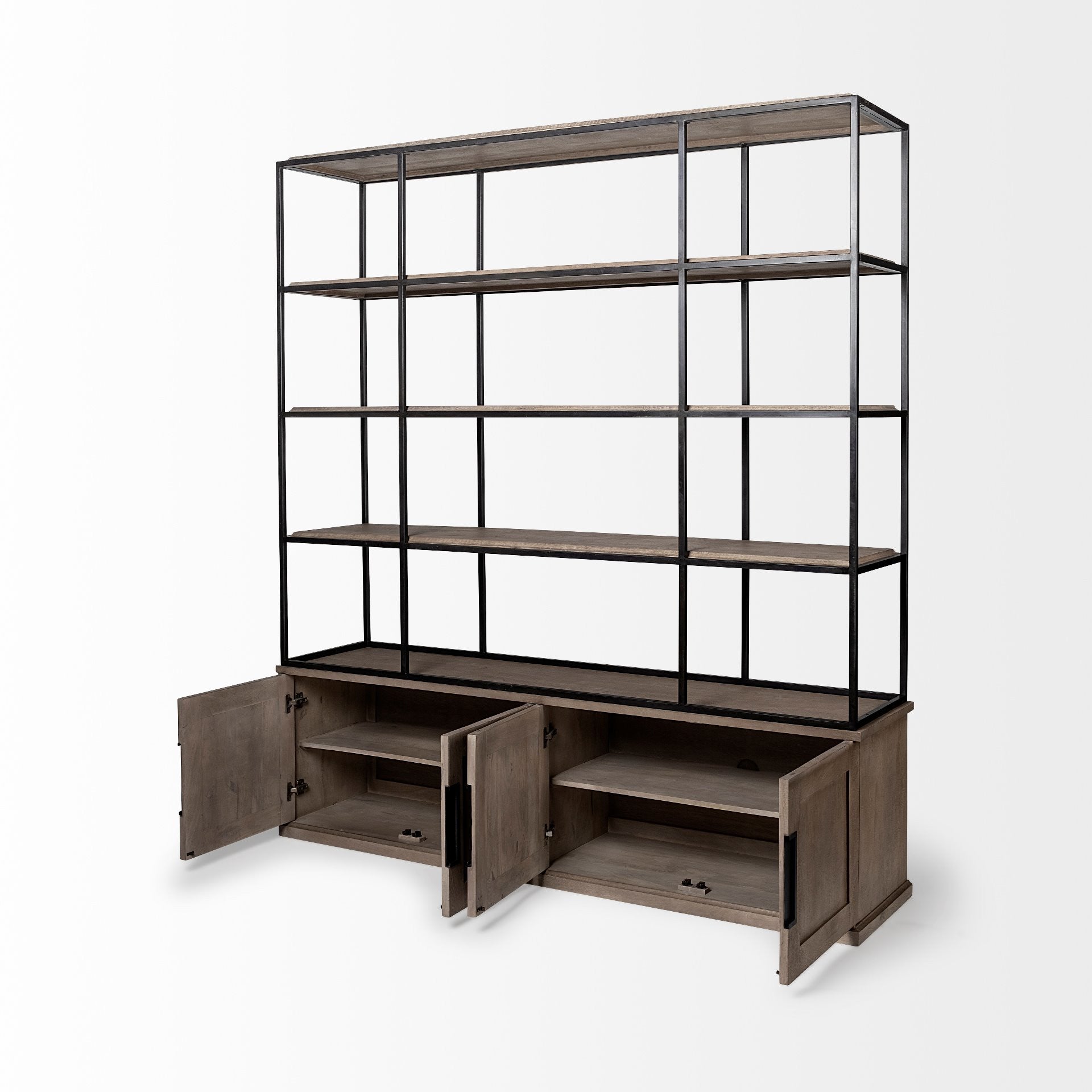 81" Light Brown Wood And Iron Shelving Unit With 3 Shelves