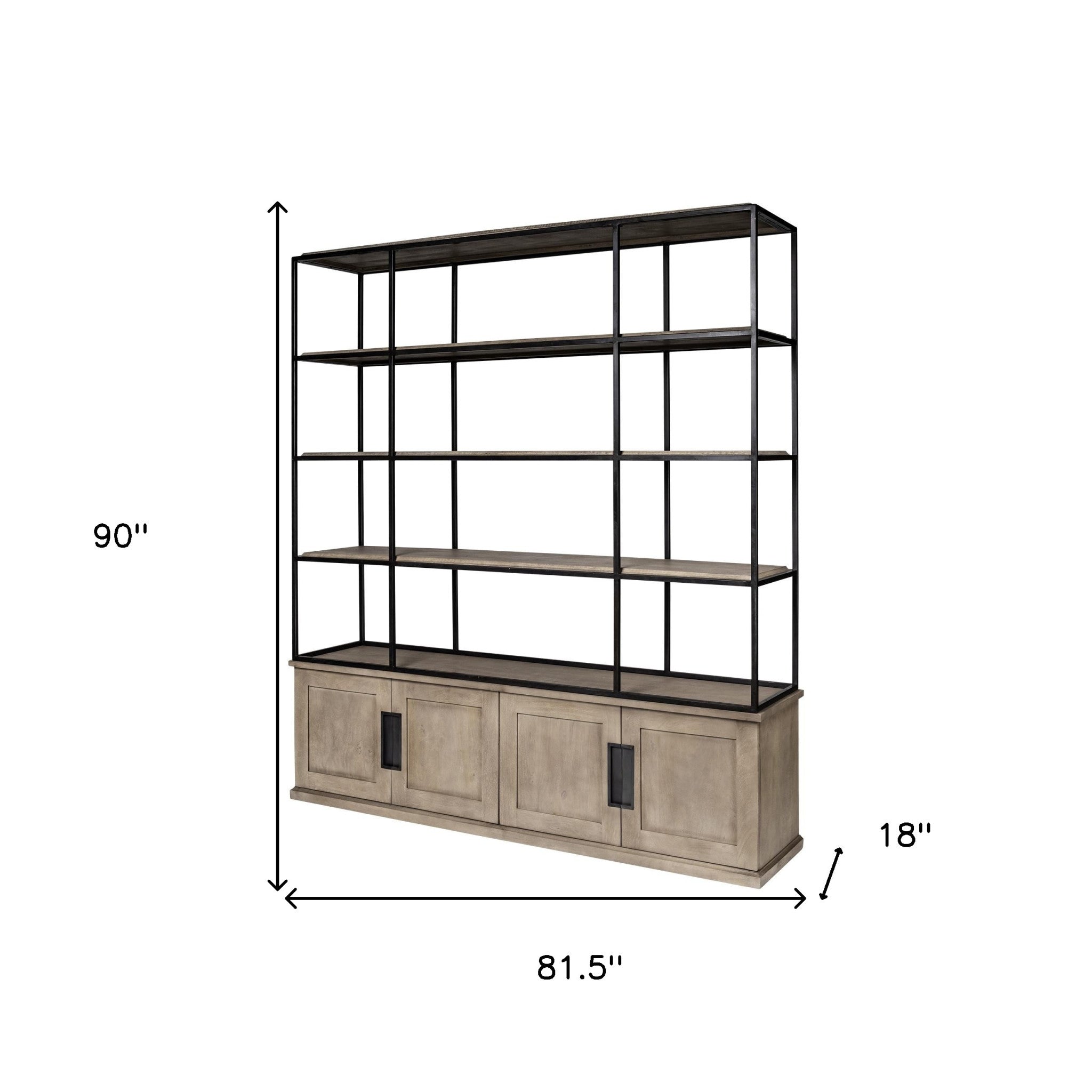 81" Light Brown Wood And Iron Shelving Unit With 3 Shelves