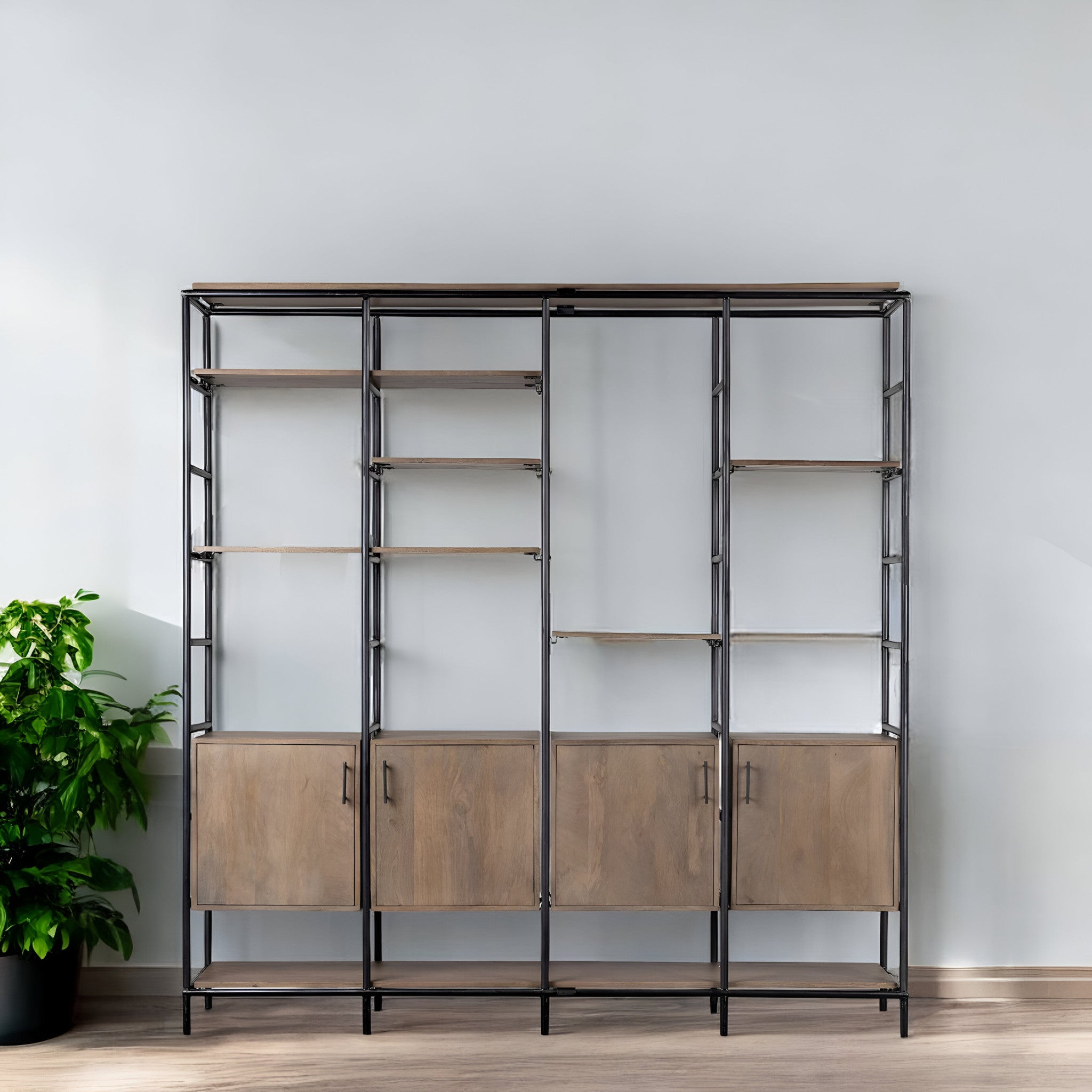 90" Brown Bottom Cabinet Metal Bookshelf