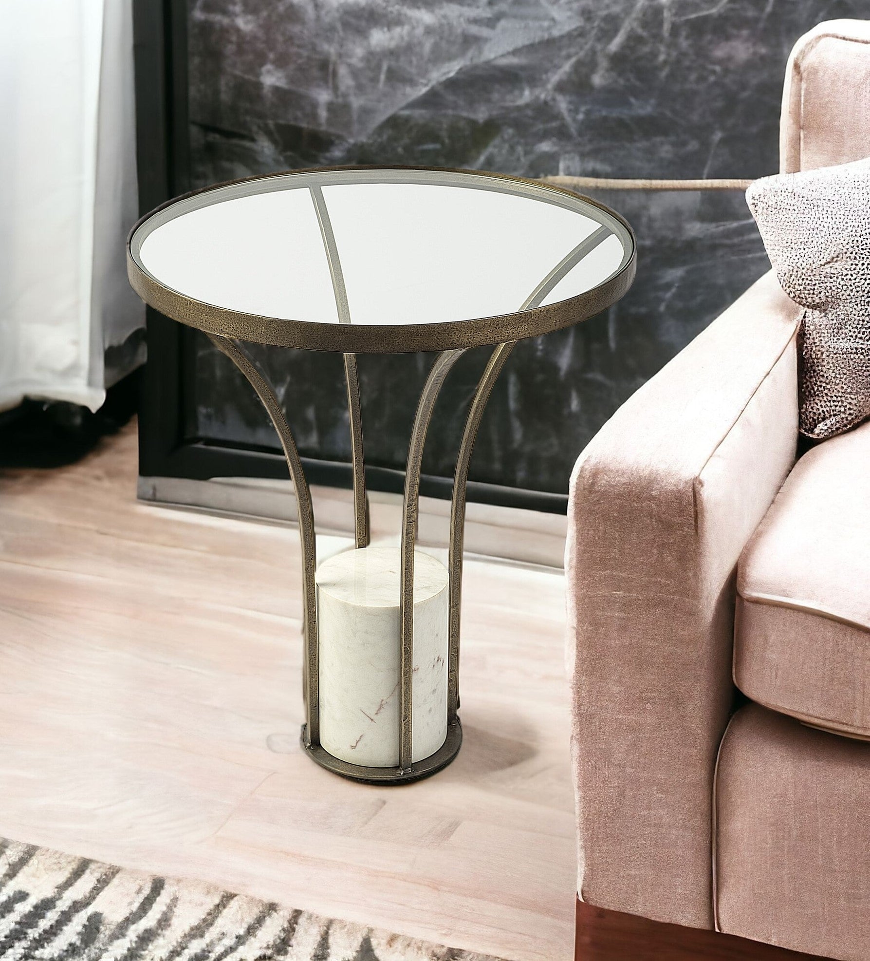 24" Gold and White Metal and Marble Pedestal Side Table