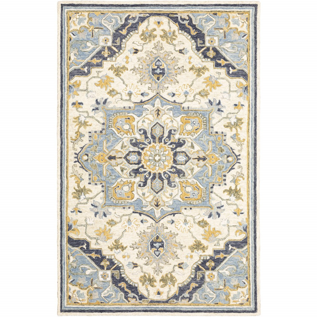 Blue and Ivory Wool Bohemian Area Rug