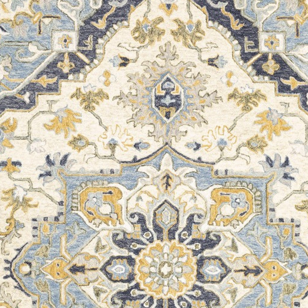 Blue and Ivory Wool Bohemian Area Rug