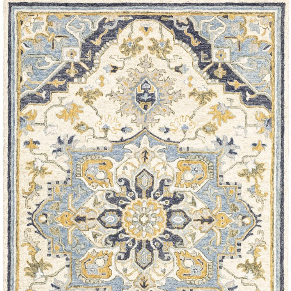 Blue and Ivory Wool Bohemian Area Rug