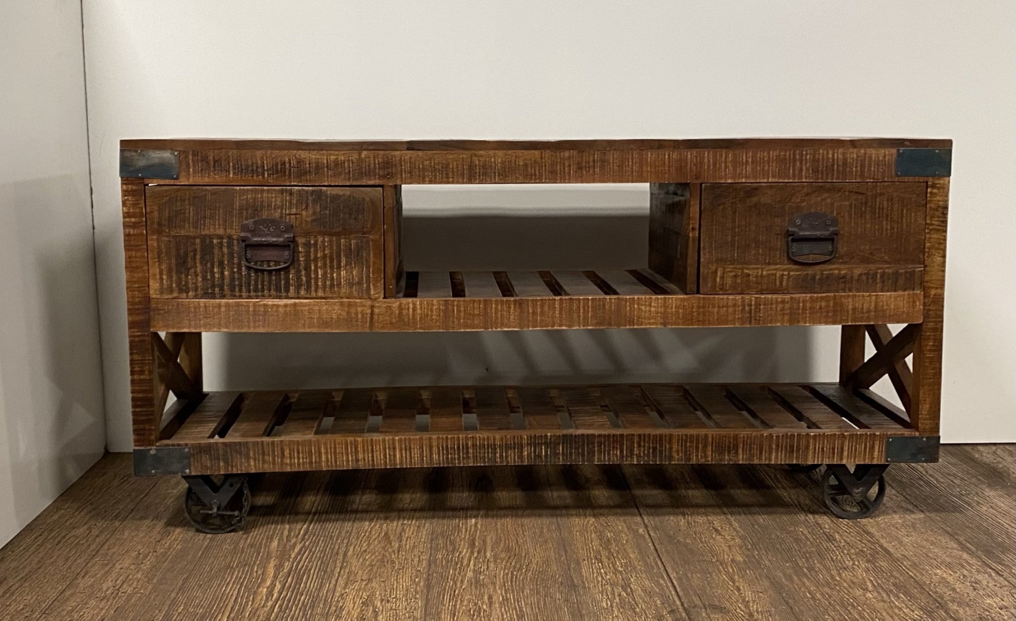 59" Brown Distressed Wood Wheel Console Table