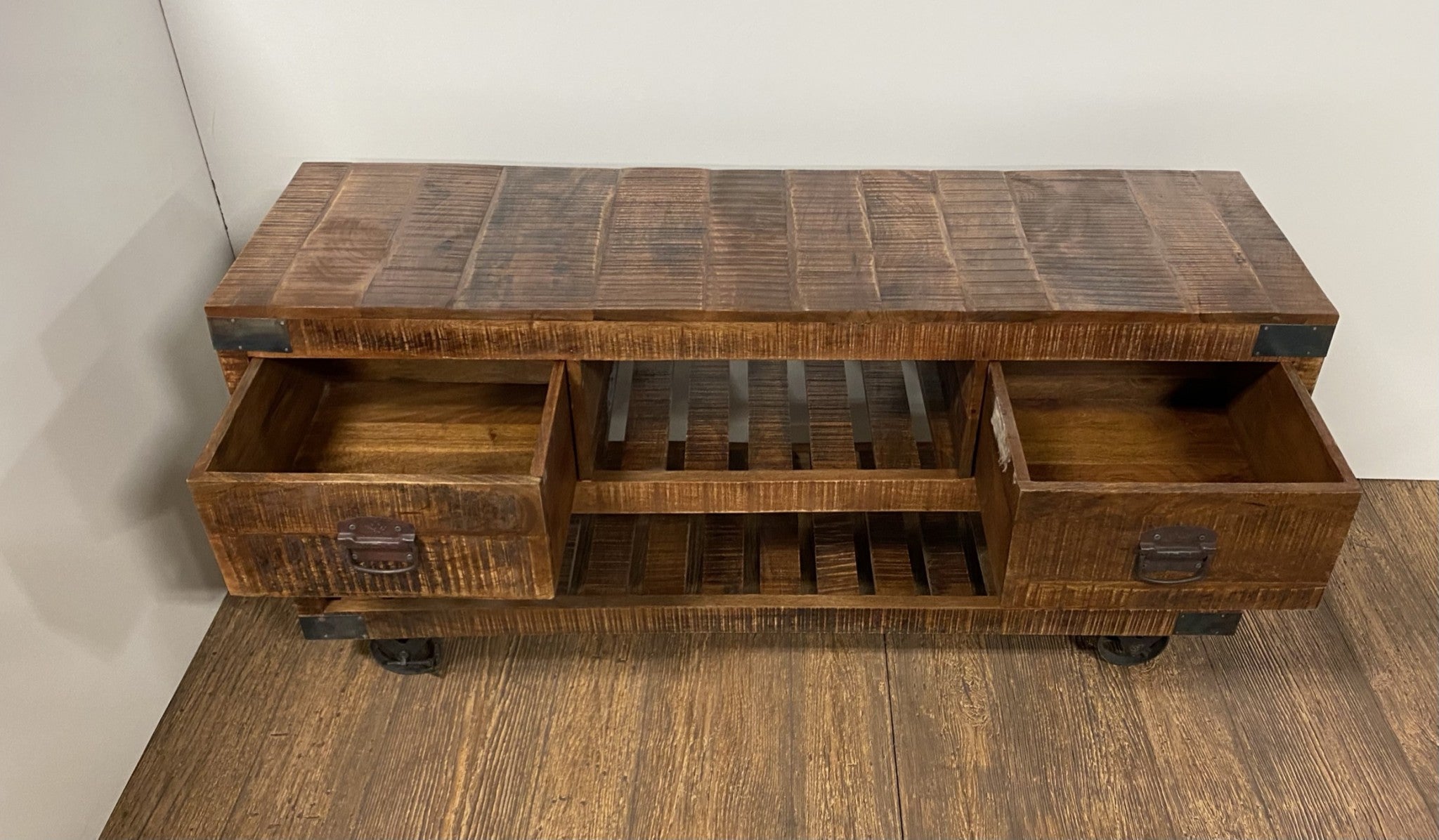 59" Brown Distressed Wood Wheel Console Table