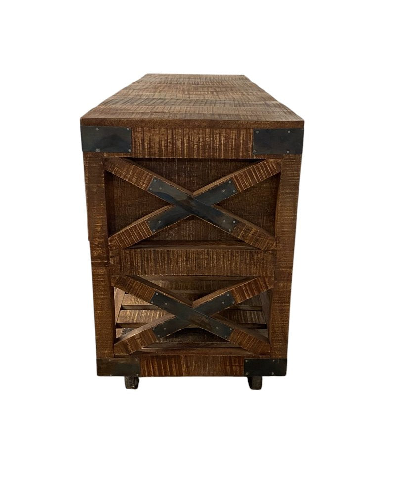 59" Brown Distressed Wood Wheel Console Table