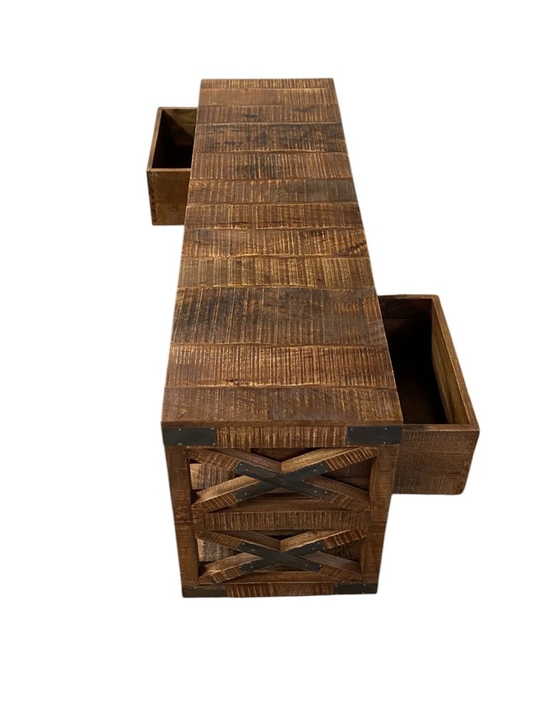 59" Brown Distressed Wood Wheel Console Table