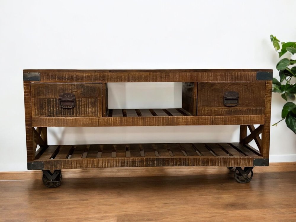 59" Brown Distressed Wood Wheel Console Table
