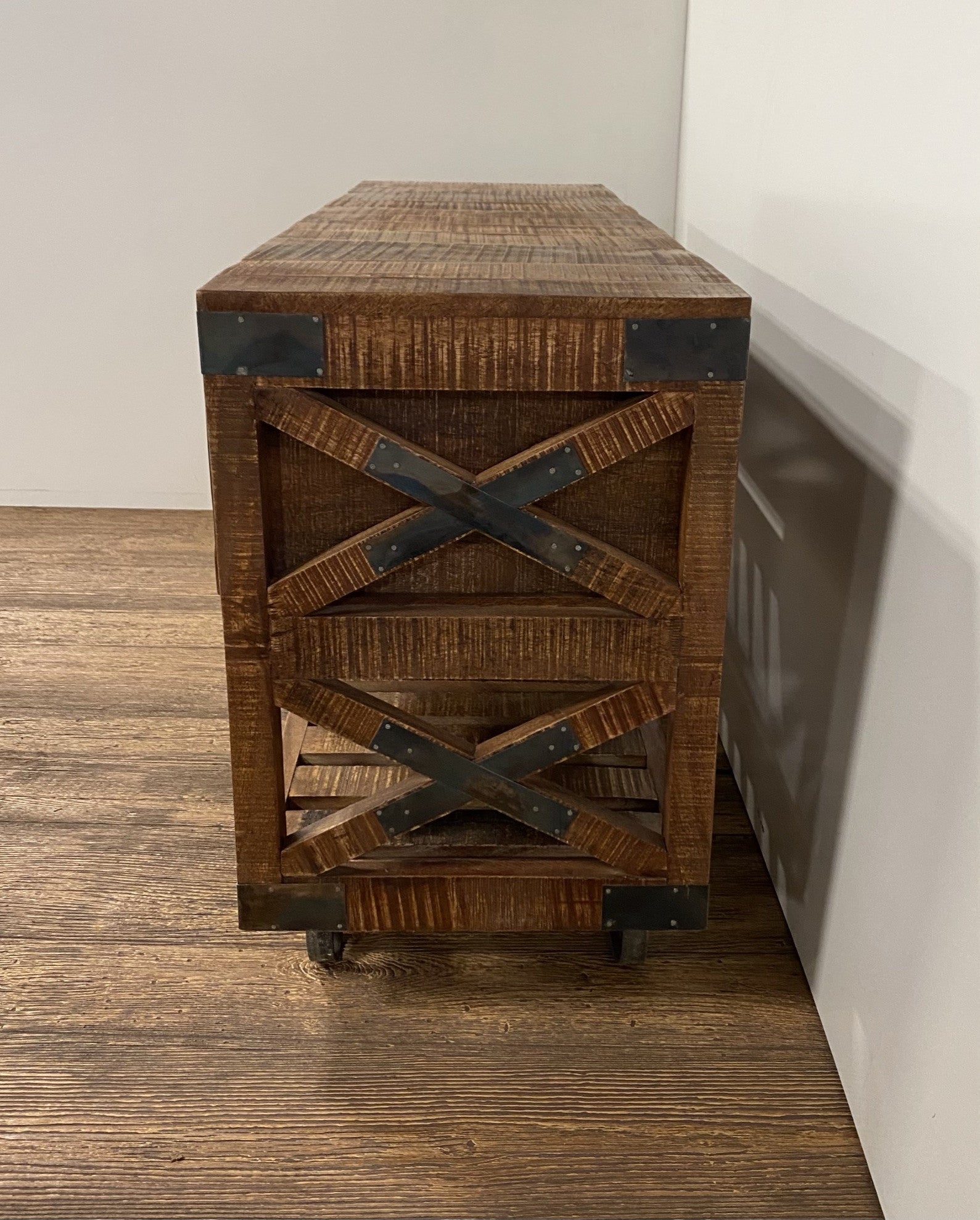 59" Brown Distressed Wood Wheel Console Table