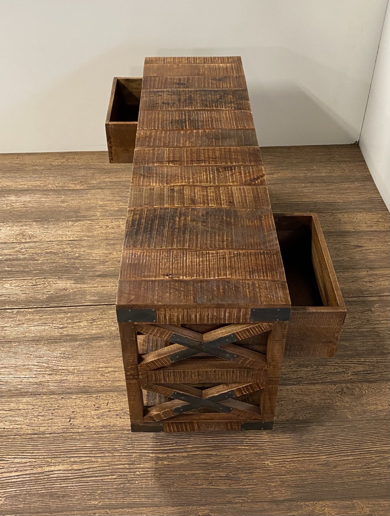 59" Brown Distressed Wood Wheel Console Table