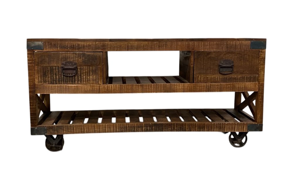 59" Brown Distressed Wood Wheel Console Table