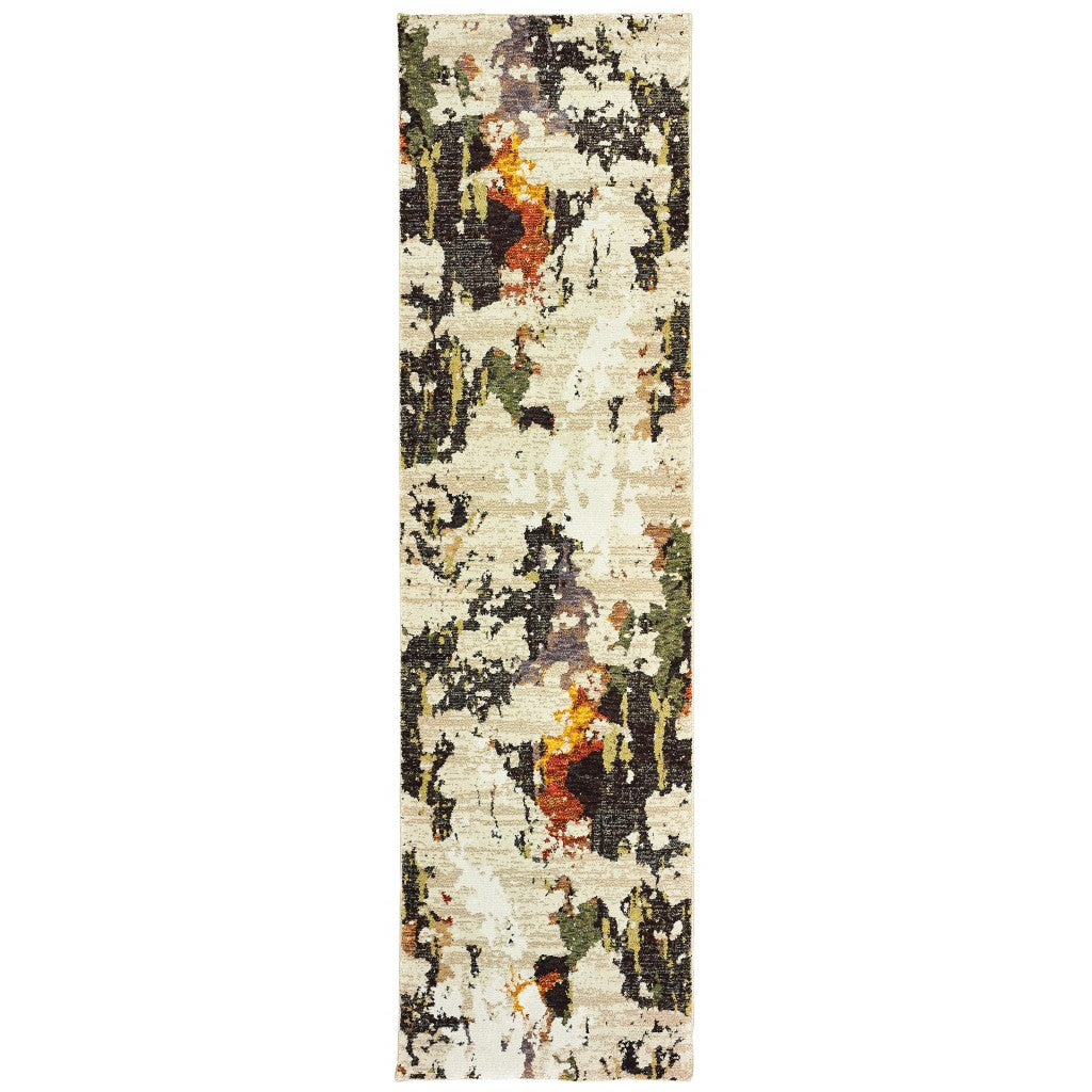 2' x 8' Beige and Black Weathered Abstract Runner Rug