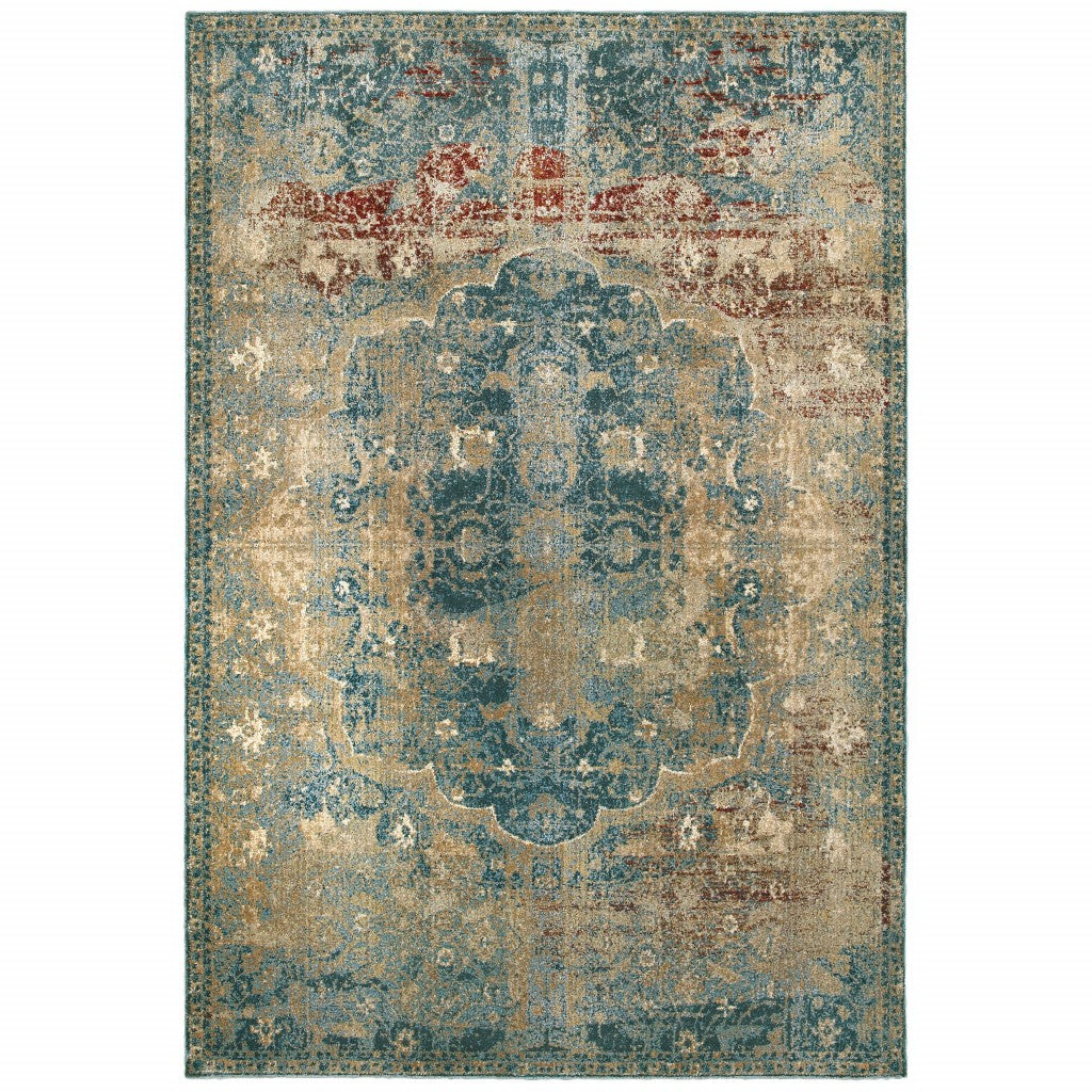 Sand and Blue Distressed Traditional Area Rug