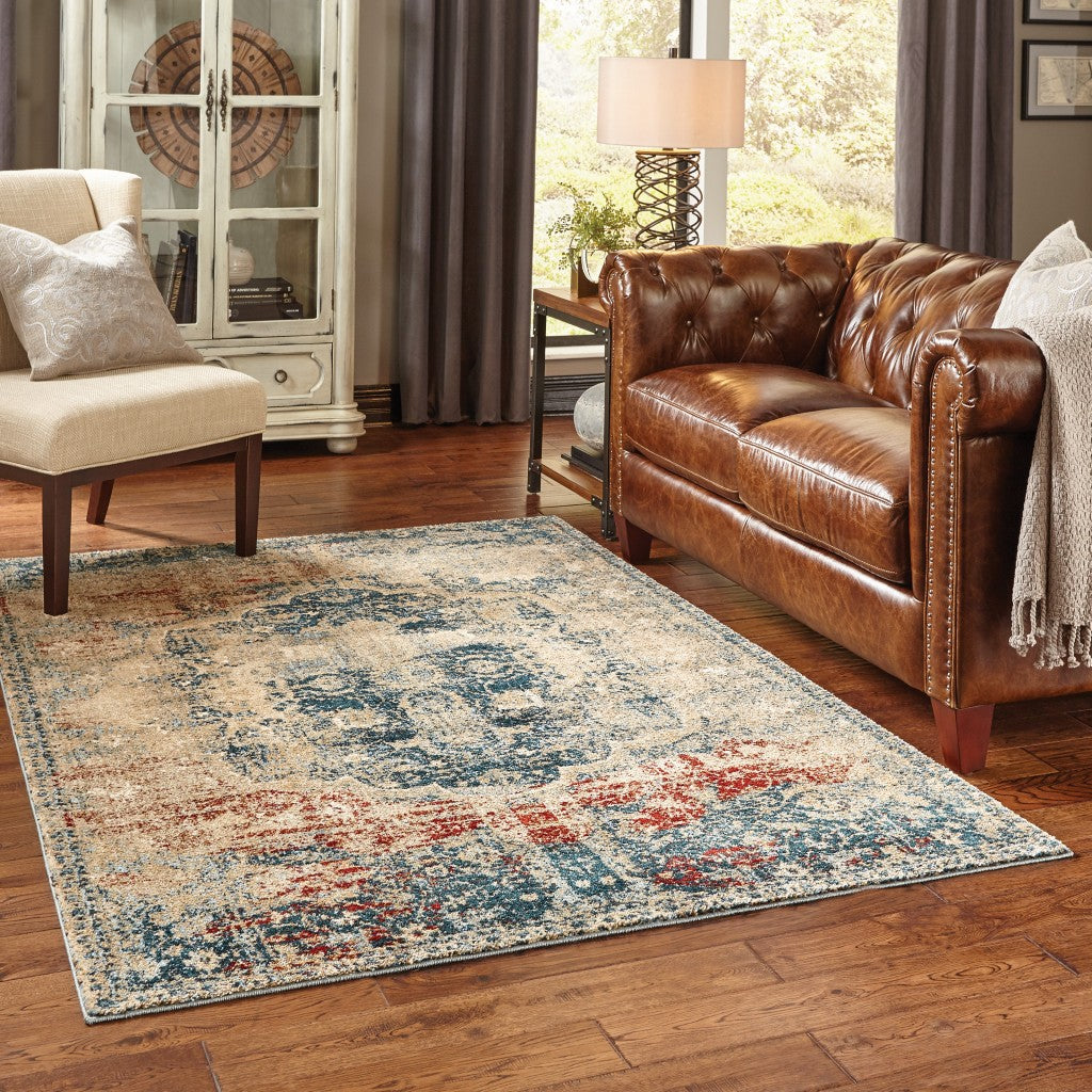 Sand and Blue Distressed Traditional Area Rug