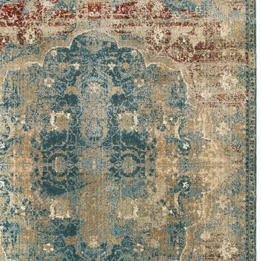 Sand and Blue Distressed Traditional Area Rug