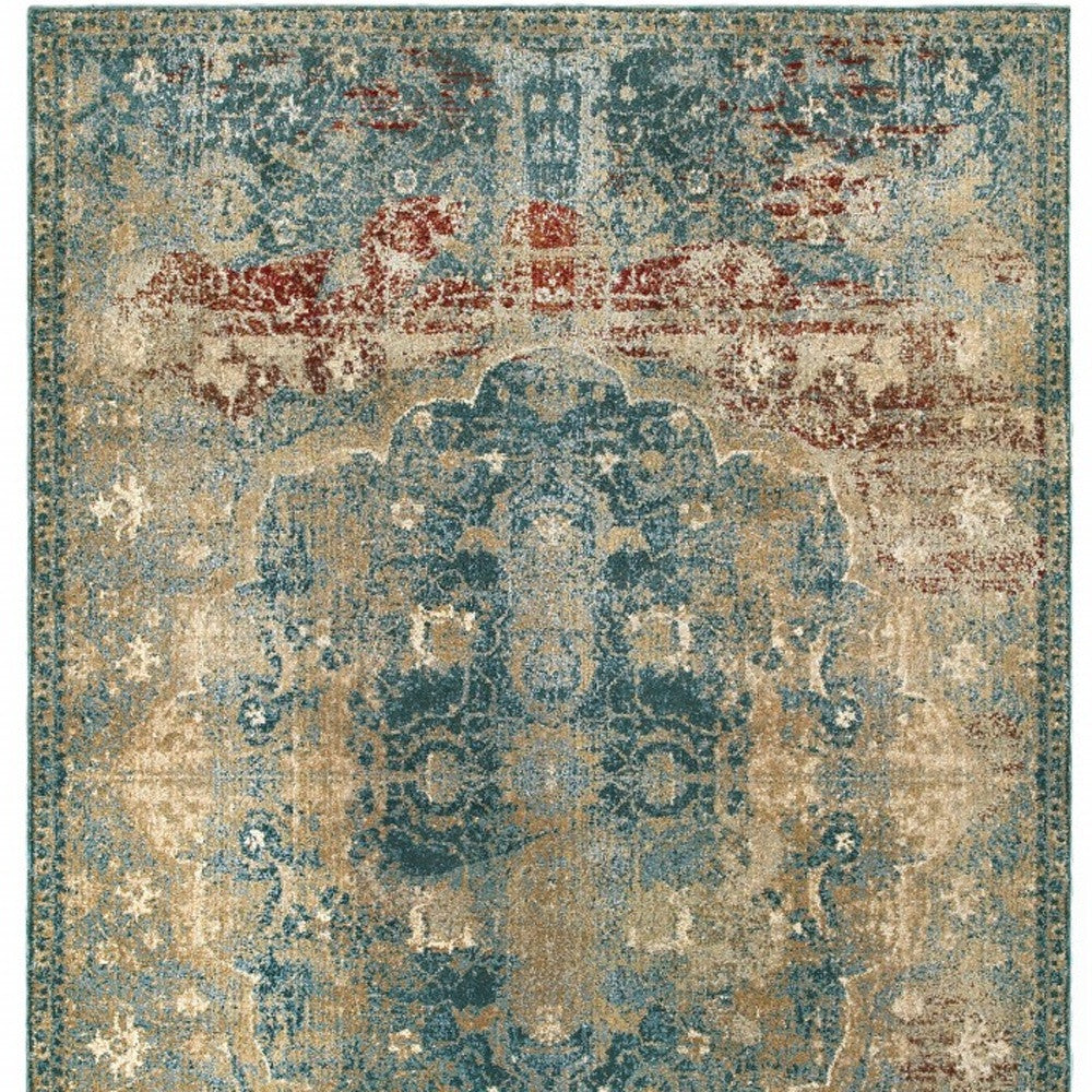 Sand and Blue Distressed Traditional Area Rug