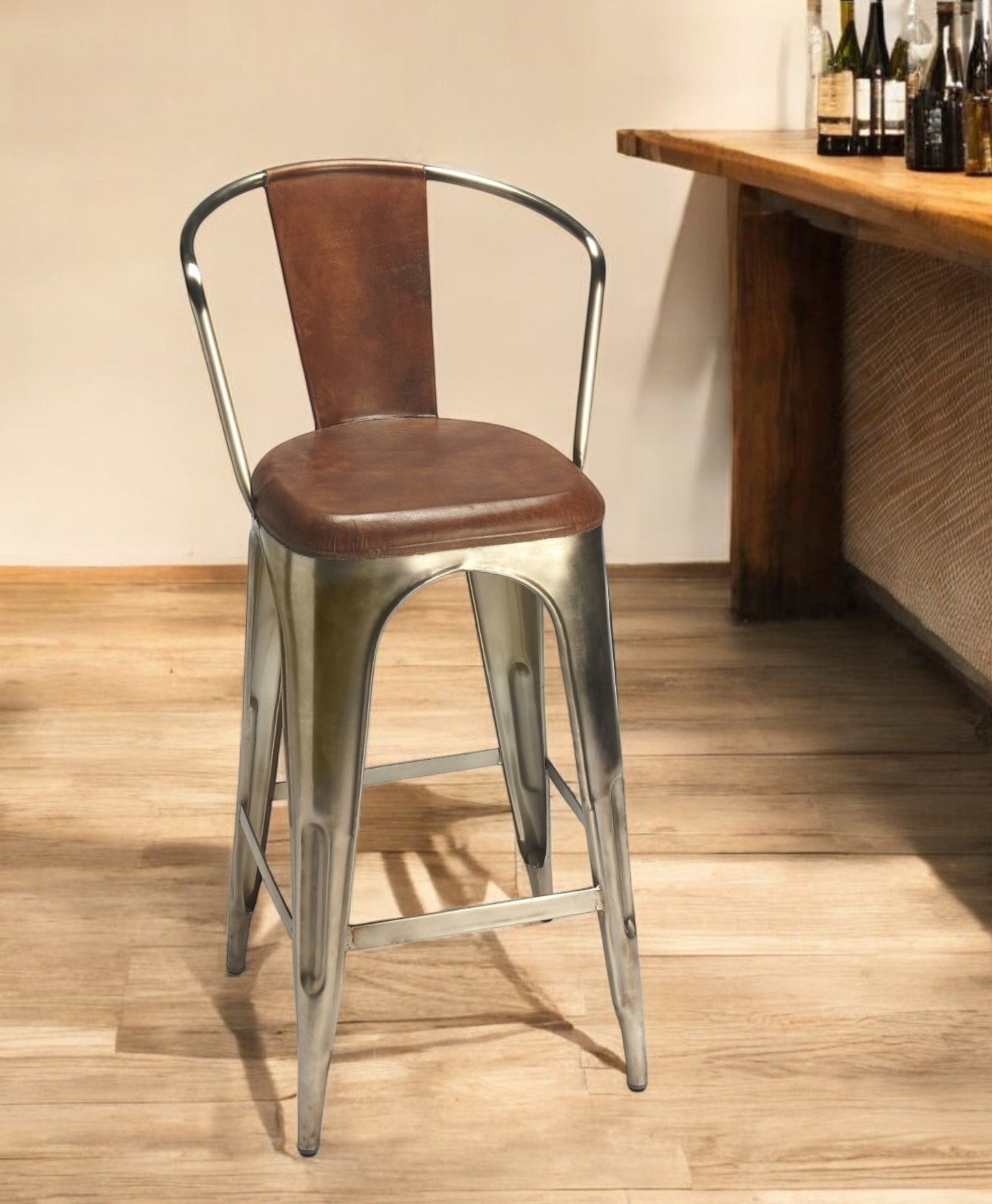 43" Brown and Gold Leather Bar Chair