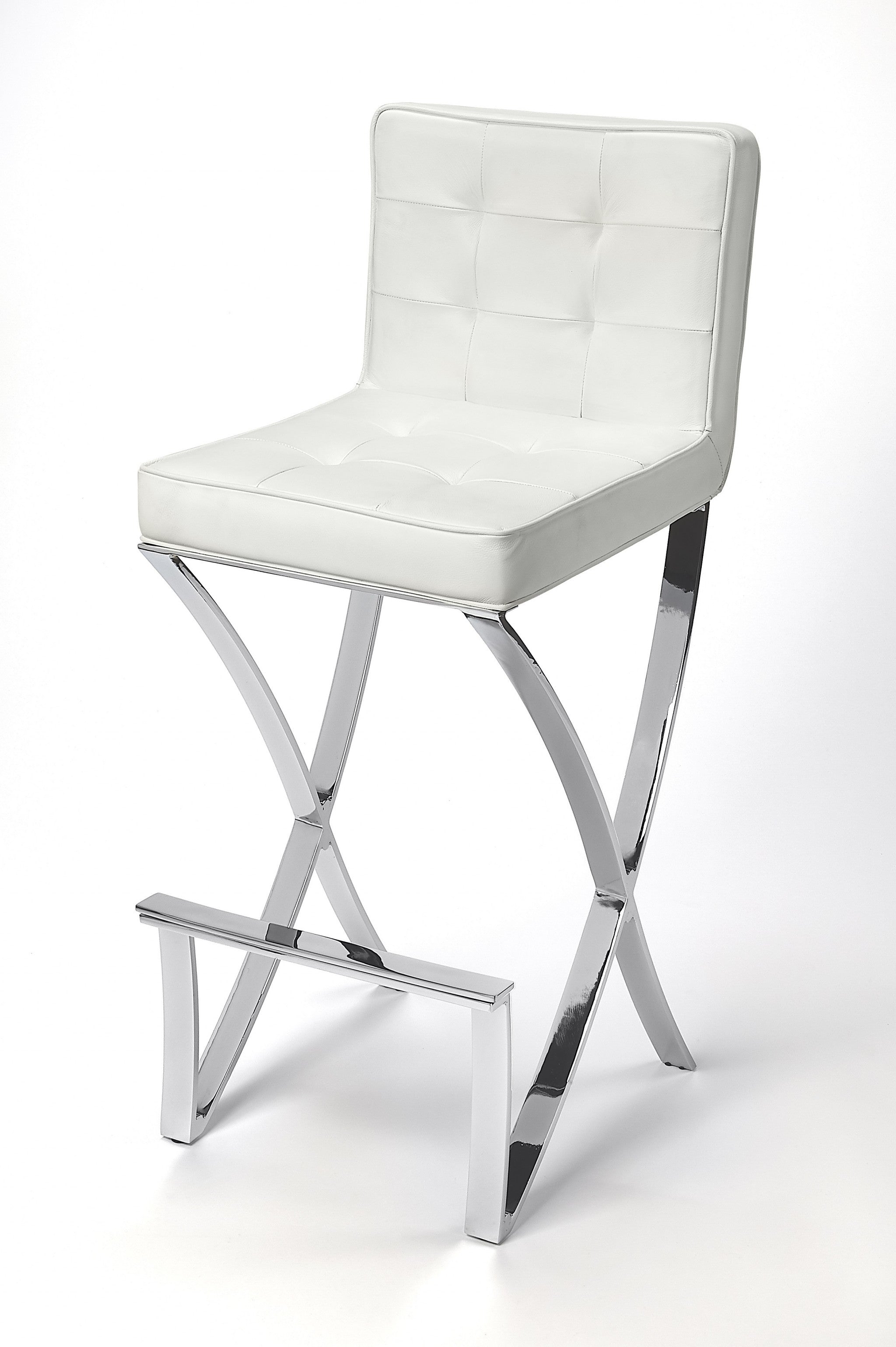 40" White and Silver Leather Full Back Bar Chair