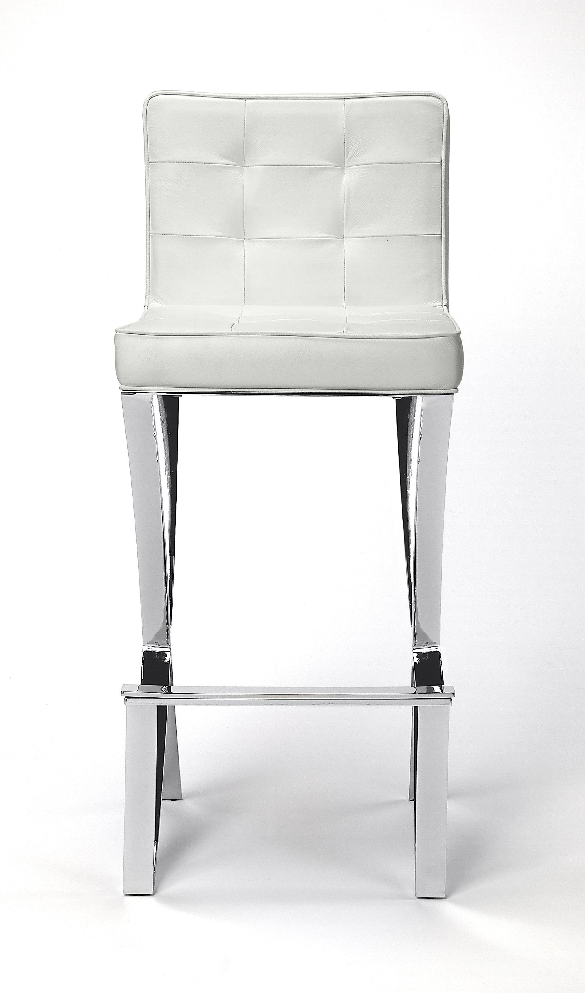 40" White and Silver Leather Full Back Bar Chair