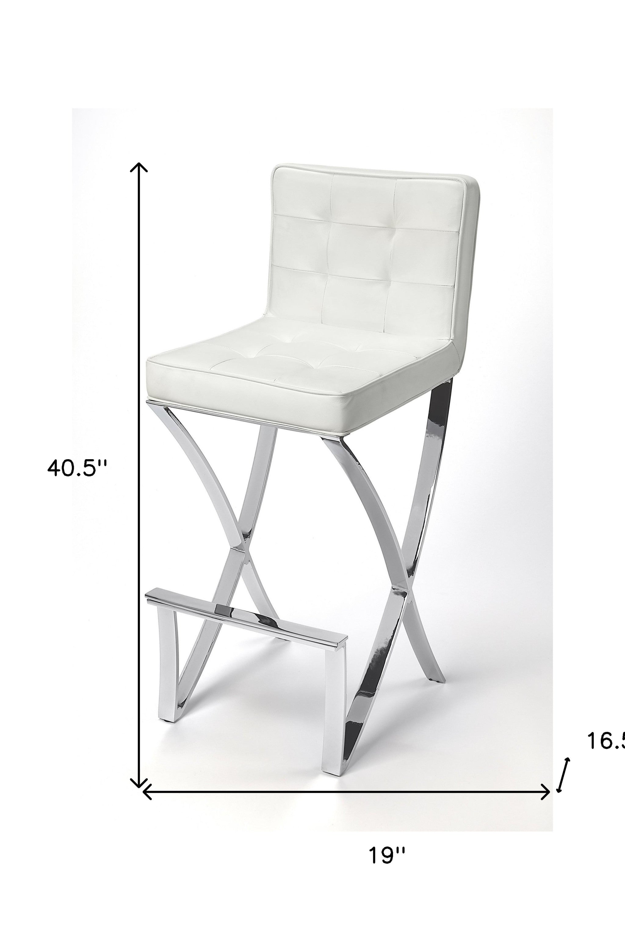 40" White and Silver Leather Full Back Bar Chair