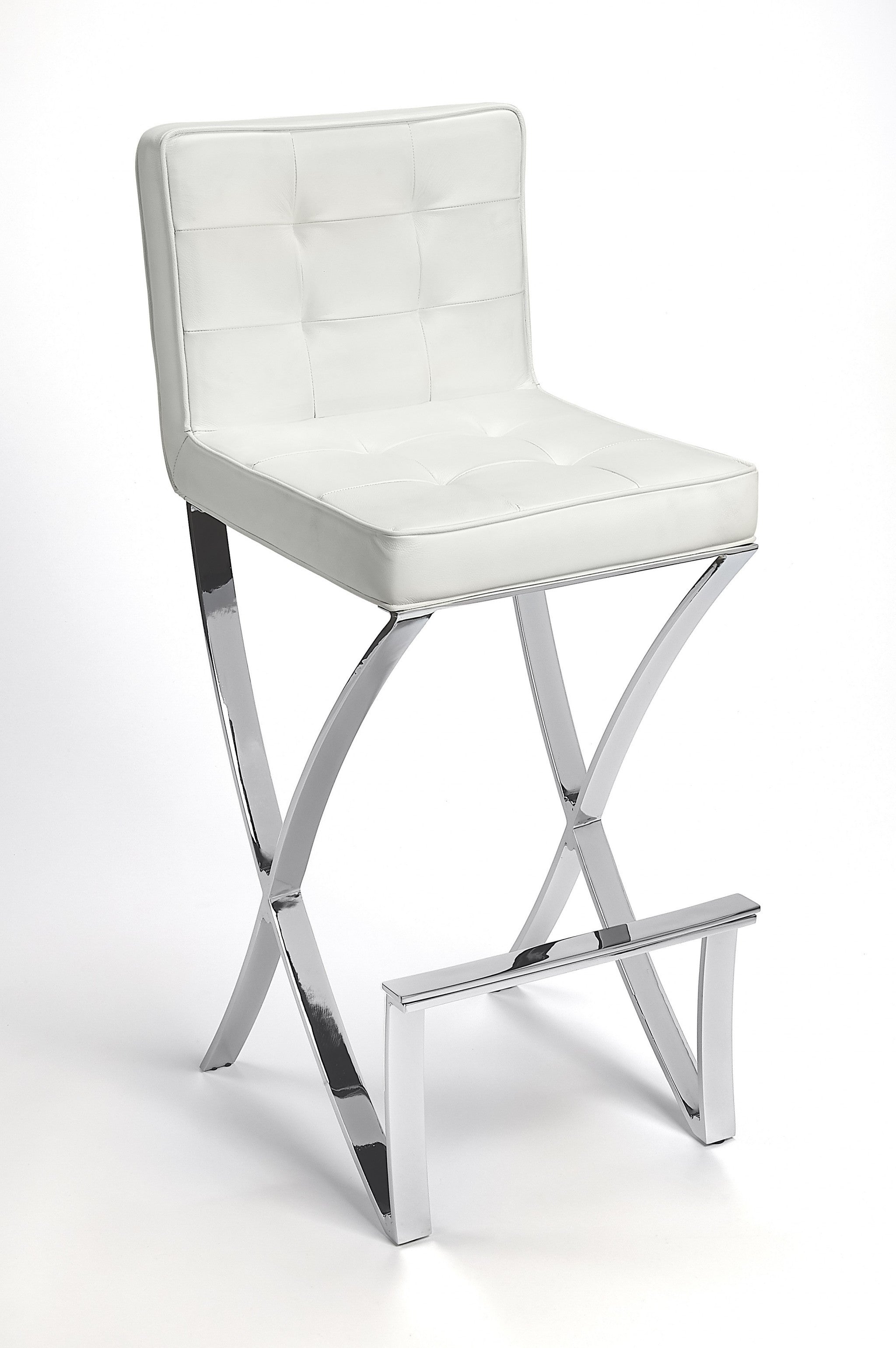 40" White and Silver Leather Full Back Bar Chair