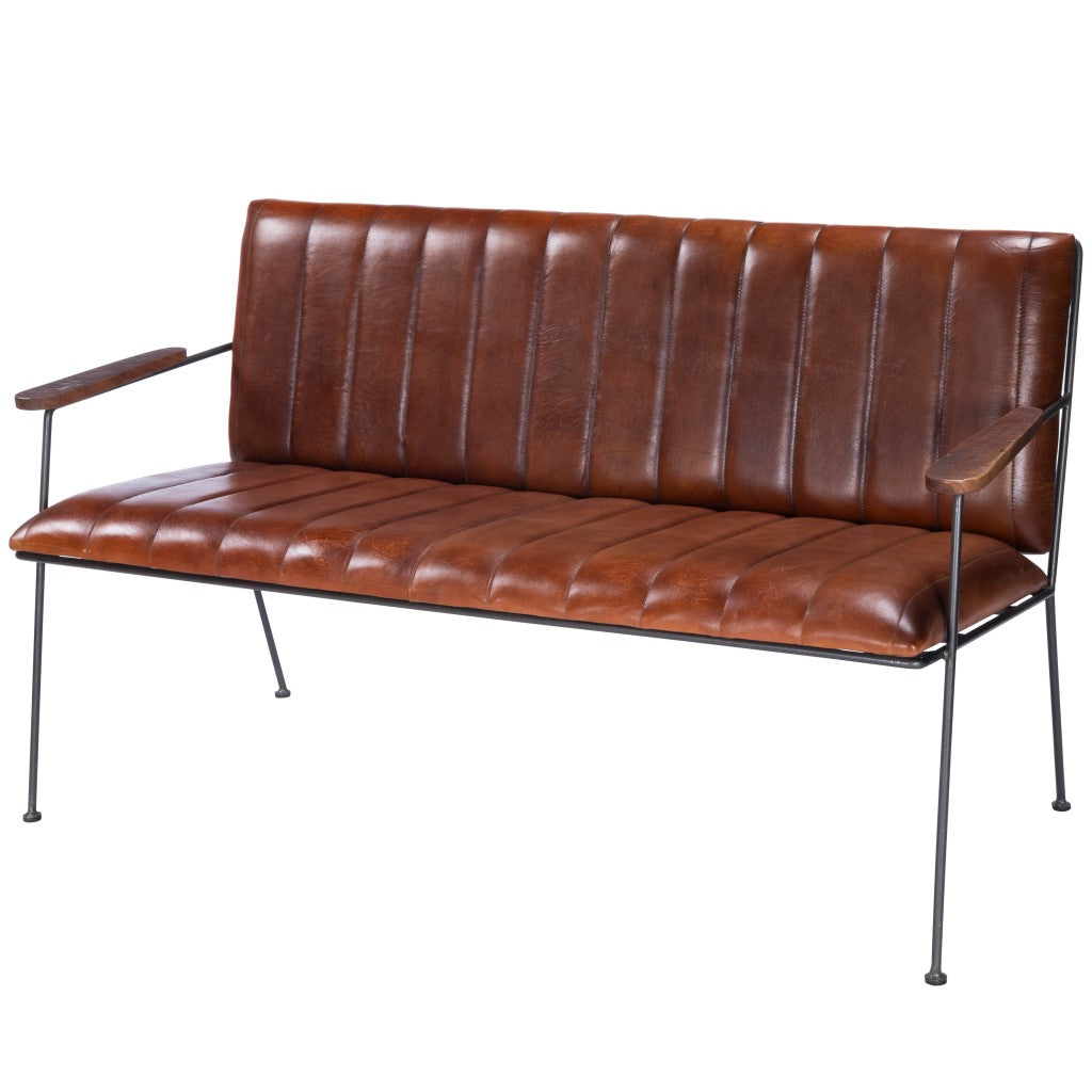 53" Brown Distressed Faux Leather Bench