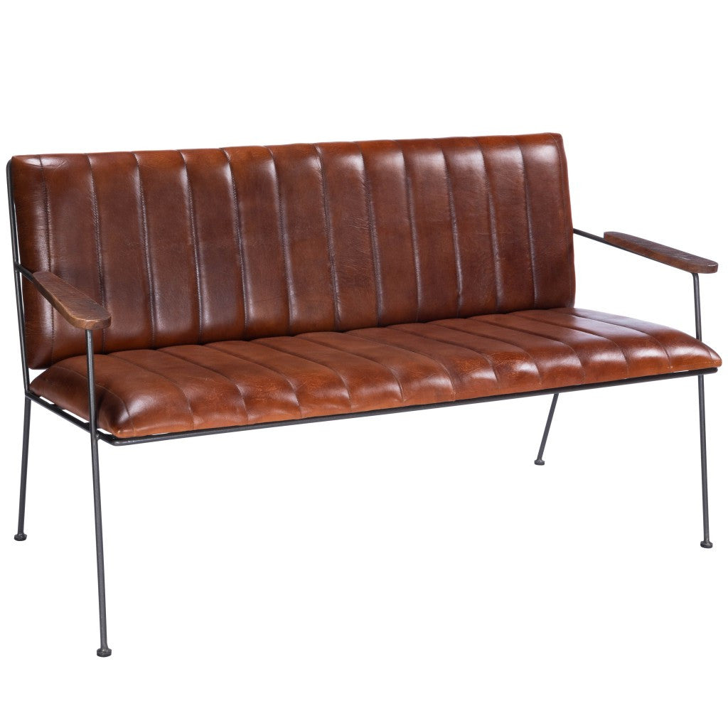 53" Brown Distressed Faux Leather Bench