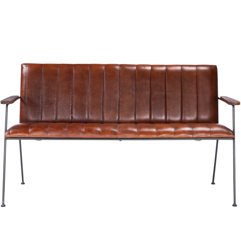 53" Brown Distressed Faux Leather Bench