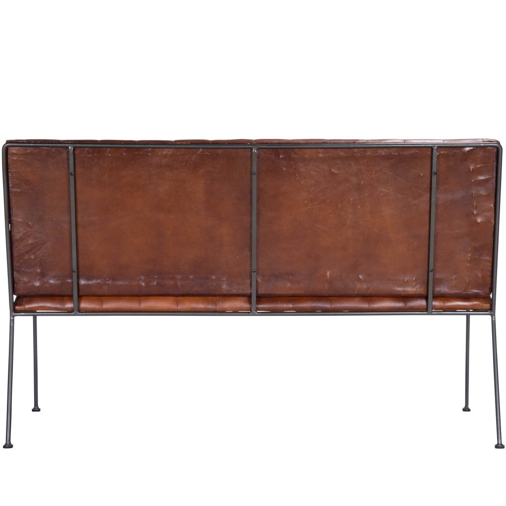 53" Brown Distressed Faux Leather Bench