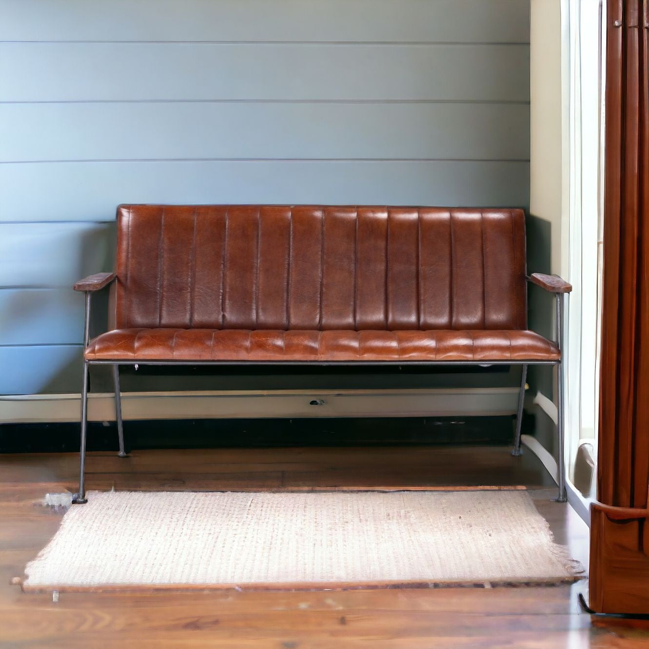 53" Brown Distressed Faux Leather Bench