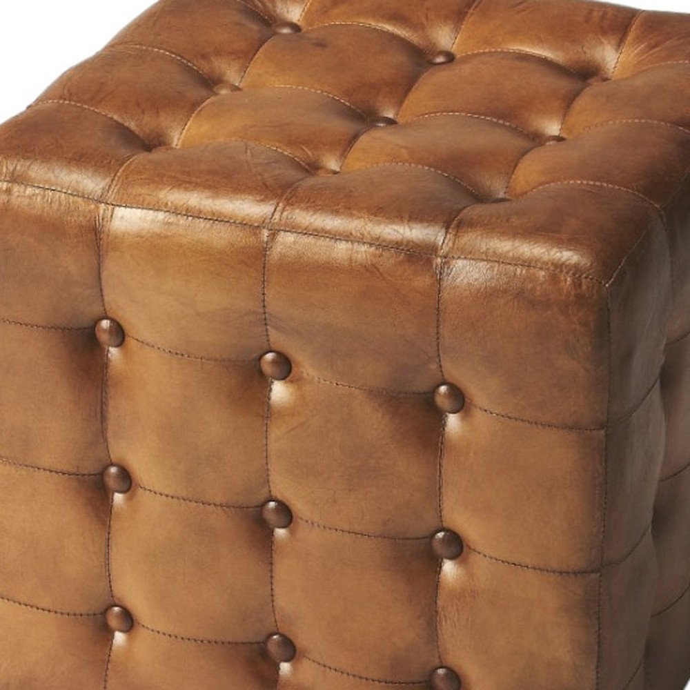 18" Brown Vintage Tufted Leather Cube Ottoman