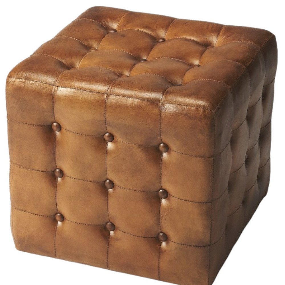 18" Brown Vintage Tufted Leather Cube Ottoman