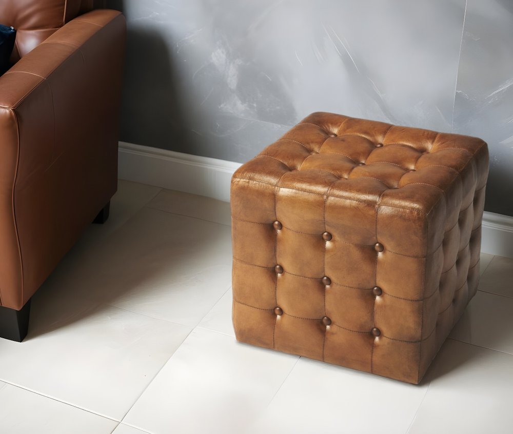 18" Brown Vintage Tufted Leather Cube Ottoman