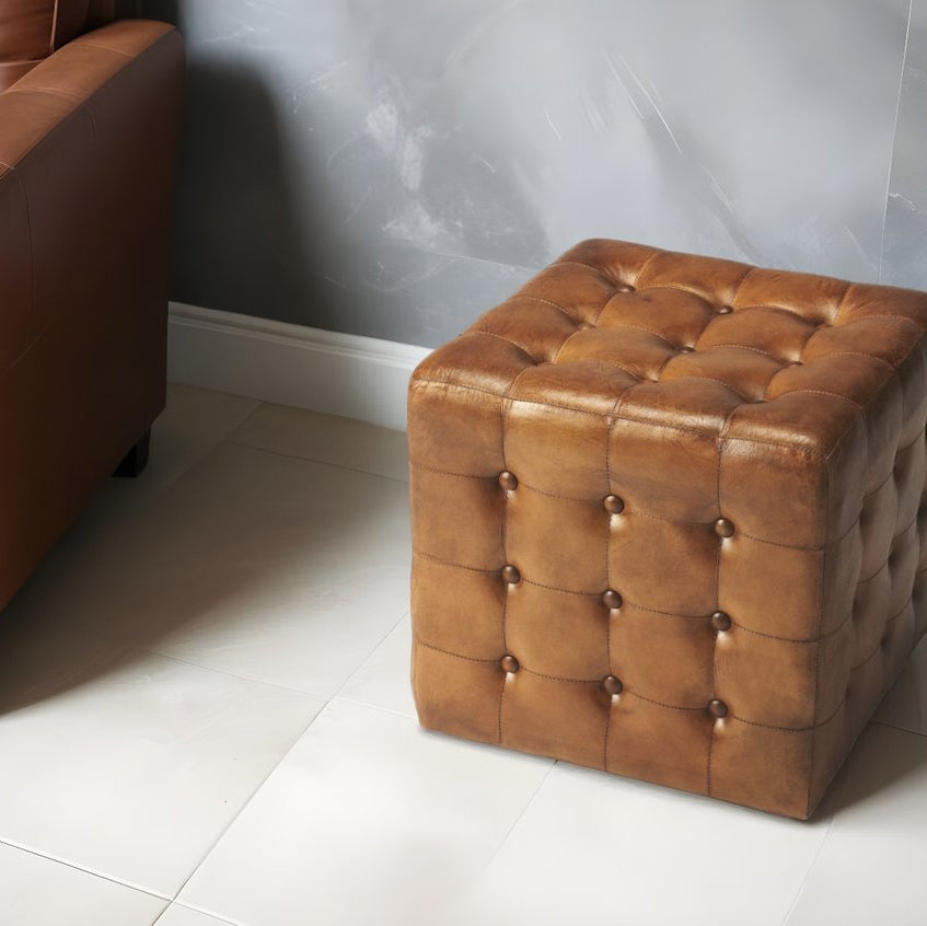18" Brown Vintage Tufted Leather Cube Ottoman