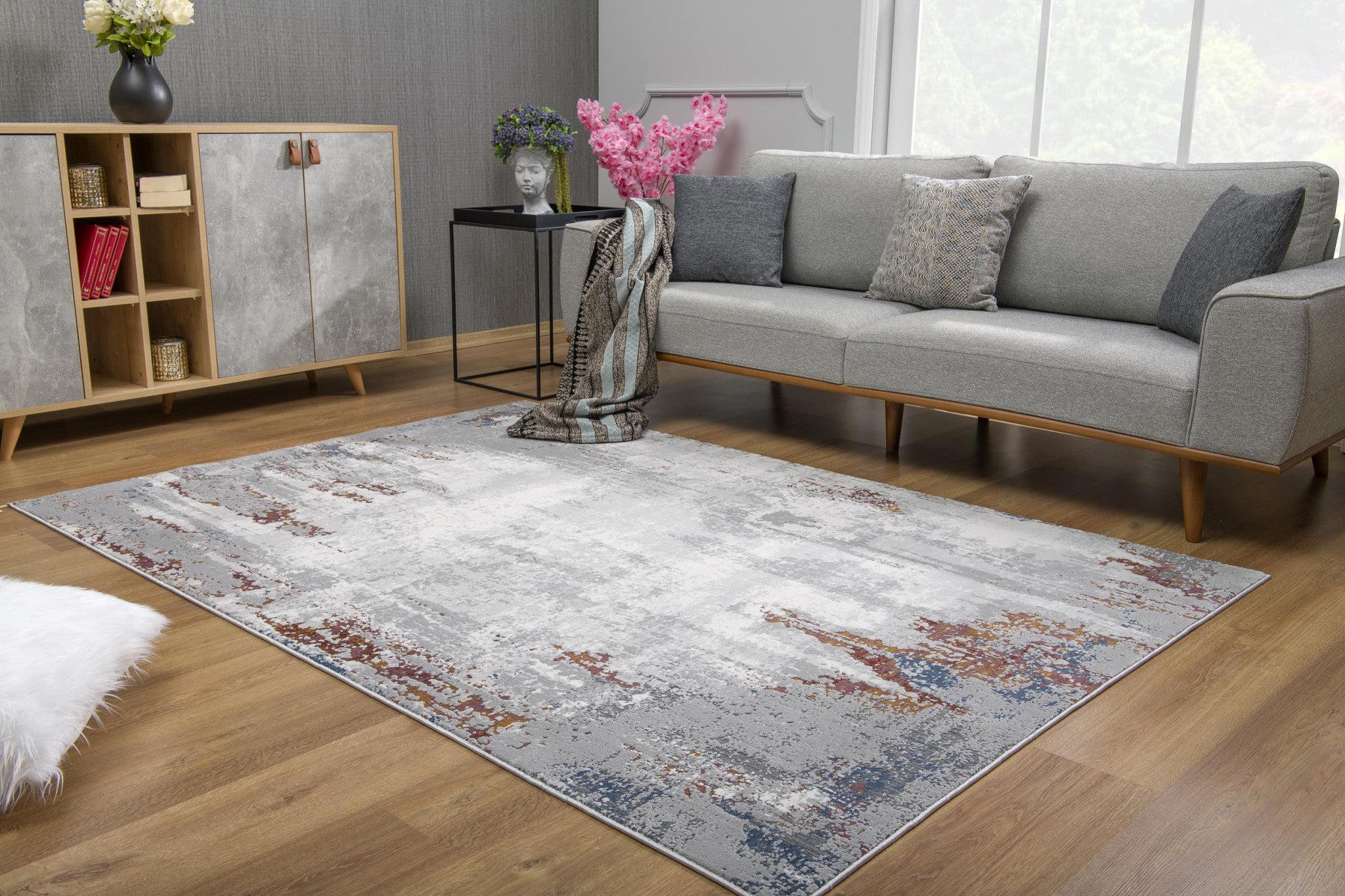 Gray and Ivory Faded Center Abstract Area Rug