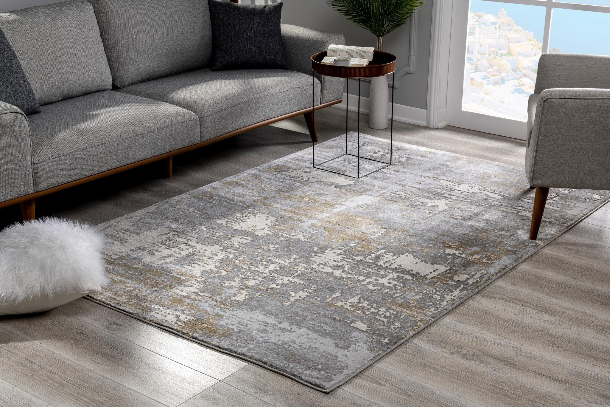 White and Gray Distressed Abstract Area Rug