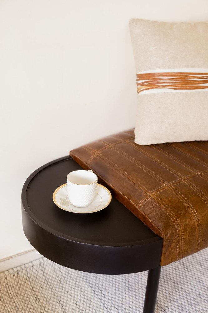 58" Brown and Black Leather Wrapped Bench