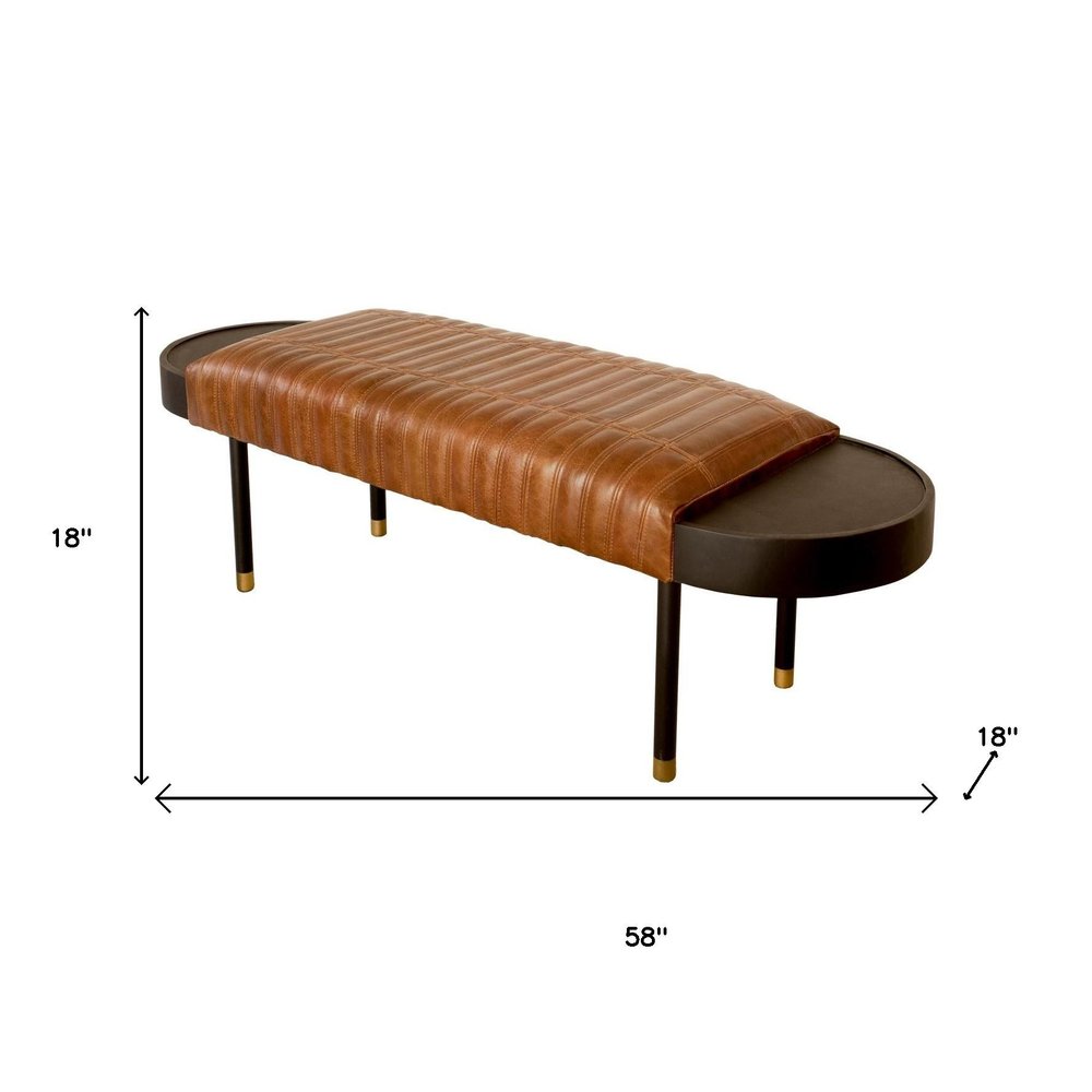 58" Brown and Black Leather Wrapped Bench