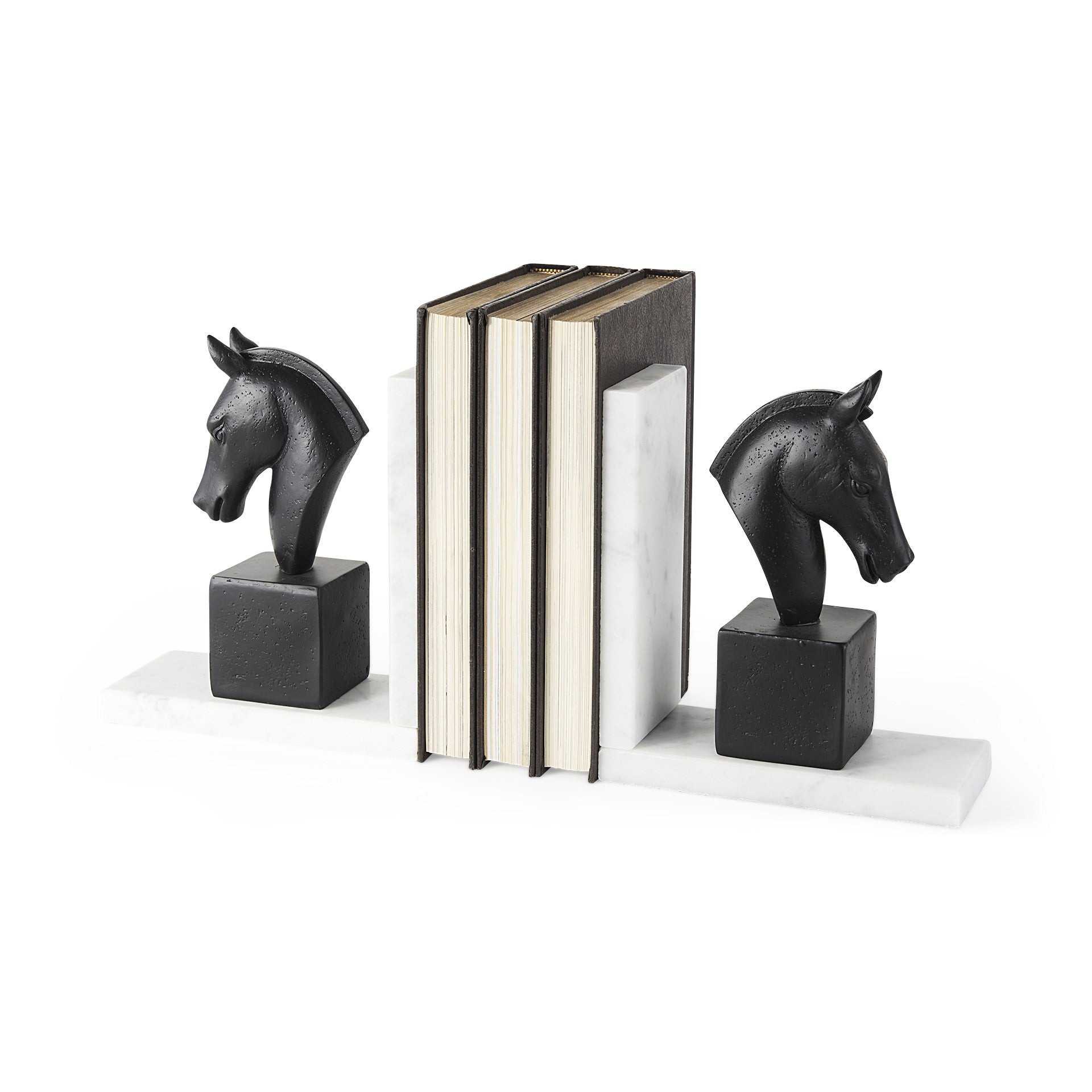 8" Black Resin and Marble Horse Bookends