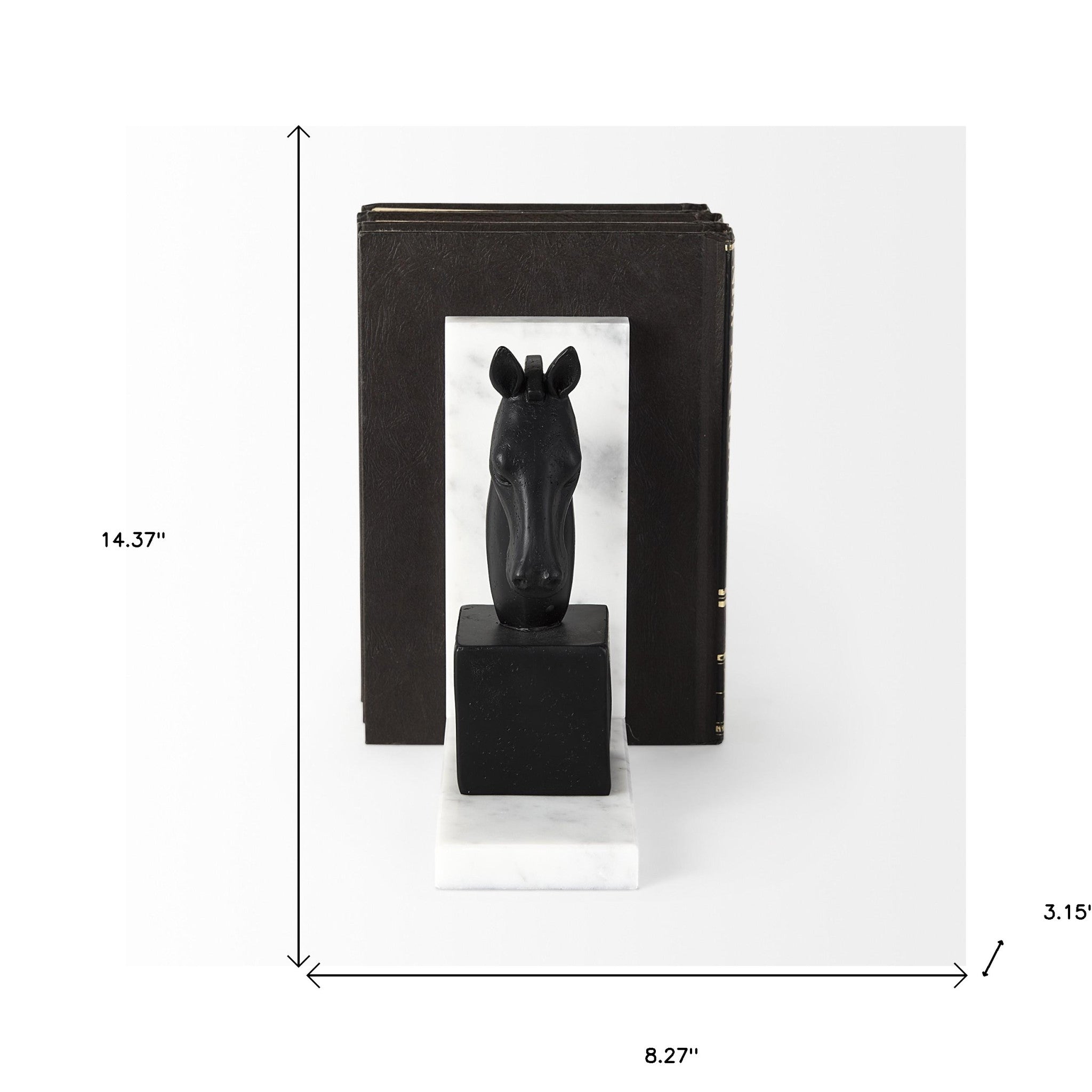 8" Black Resin and Marble Horse Bookends