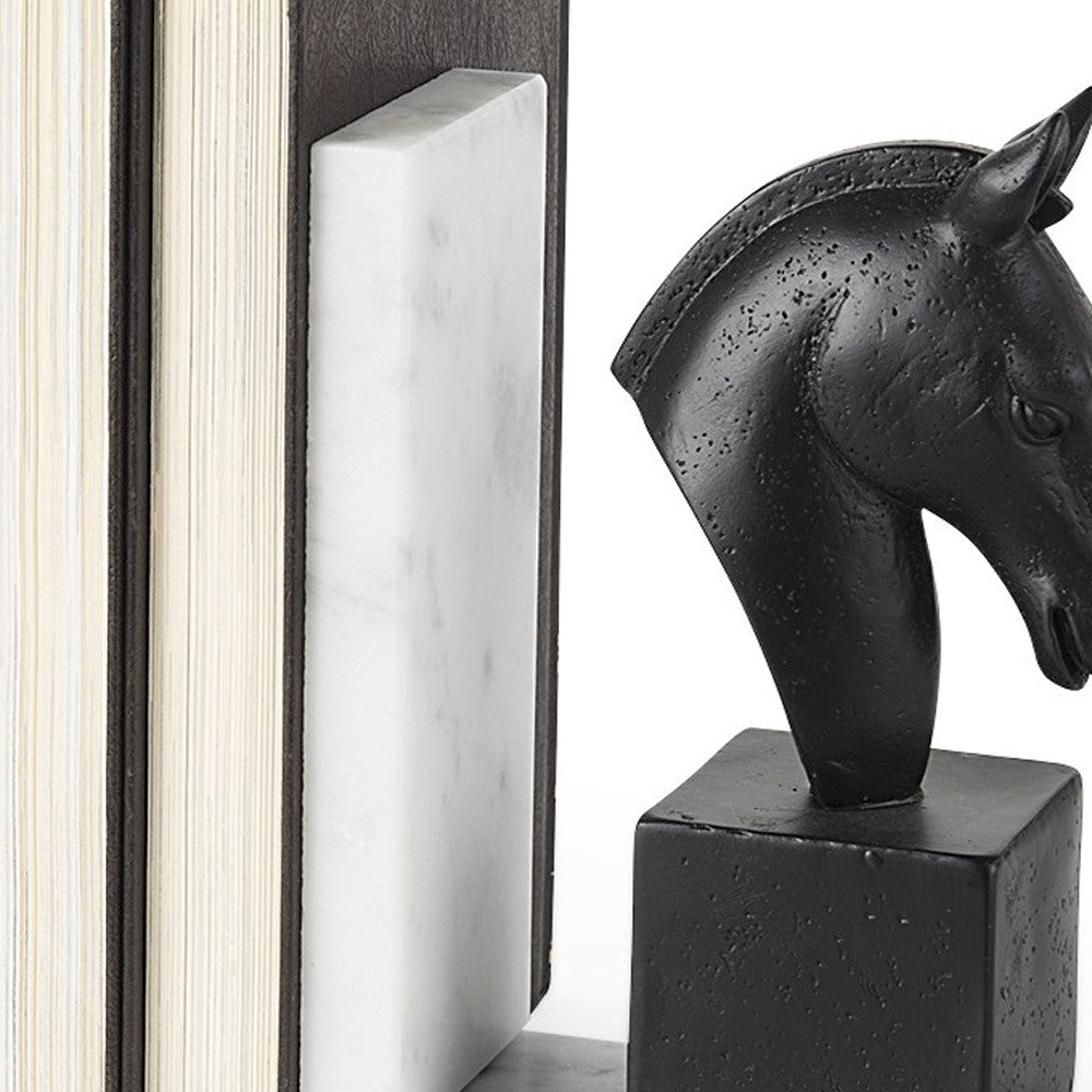 8" Black Resin and Marble Horse Bookends