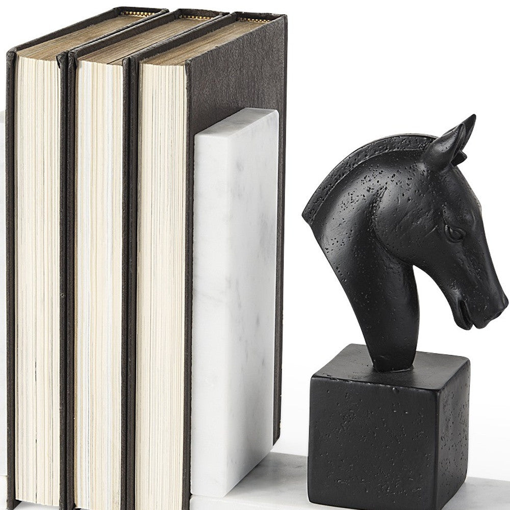 8" Black Resin and Marble Horse Bookends